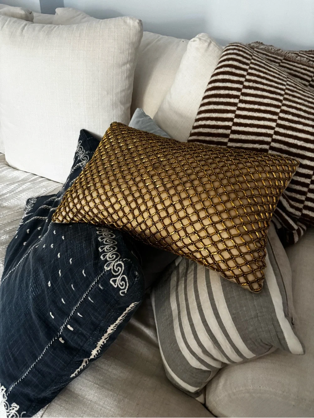 Decorative Beige Pillow with Gold Metallic beaded Net Accent